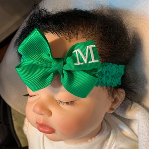 Kelly Green Emerald Monogrammed Personalized Letter Dainty Hair Bow Lace Headband Newborn Preemie Toddler Infant Monogram So Adorable ON