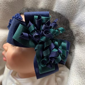 M2M Green & Navy Blue School Uniform layered Korker hair bow headband, tan green hairbow headband, Beige Forest Green hair bow headband clip