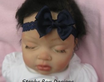 Navy Blue Dainty 2" Hair Bow Headband FITS Preemie to Toddler