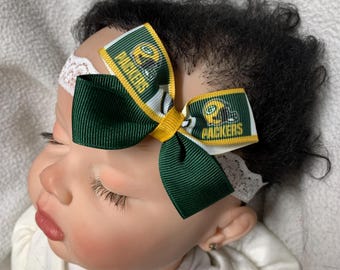 Green Bay Packers Football 2” Dainty Hair Bow Lace Headband, Green Bay Packers Football  Hairbow So Cute On, football hair bow.  Football