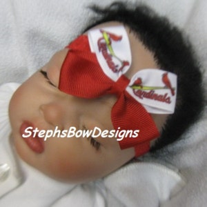 STL Saint Louis Cardinals BaseBall Small Dainty Hair Bow Red Lace Headband, 4 Baby, Newborn, Preemie, Toddler, Infant MLB St Louis