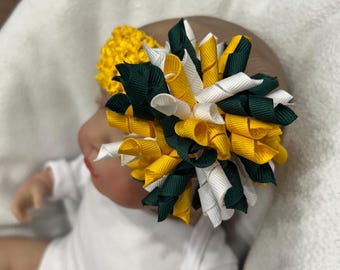 Green Bay Packers Football4” Korker Curlies Boutique Hair Bow Headband, Green Bay Packers Hairbow So Cute On, Green Bay Packer HairBow M2M