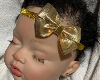 Gold Shiny Sparkle 2” Dainty Hair Bow Headband, Gold Sparkly hairbow Headband, Gold, shiny hair bow with gold Headband, Christmas hair bow