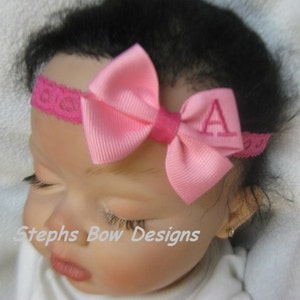 Shock Pink & Pink Monogrammed Personalized Letter Dainty Hair Bow Lace Headband Newborn Preemie Toddler Infant Monogram So Adorable ON L@@K