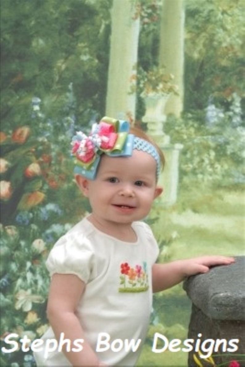 So Cute Apple Green /& Blue w White Polka Dots Layered Korker Hair Bow Headband Hot Pink