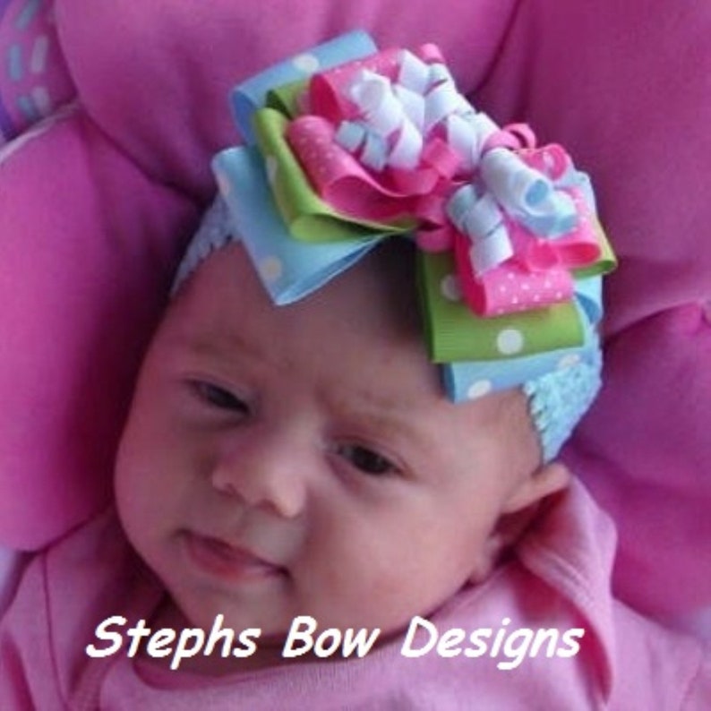 So Cute Apple Green /& Blue w White Polka Dots Layered Korker Hair Bow Headband Hot Pink