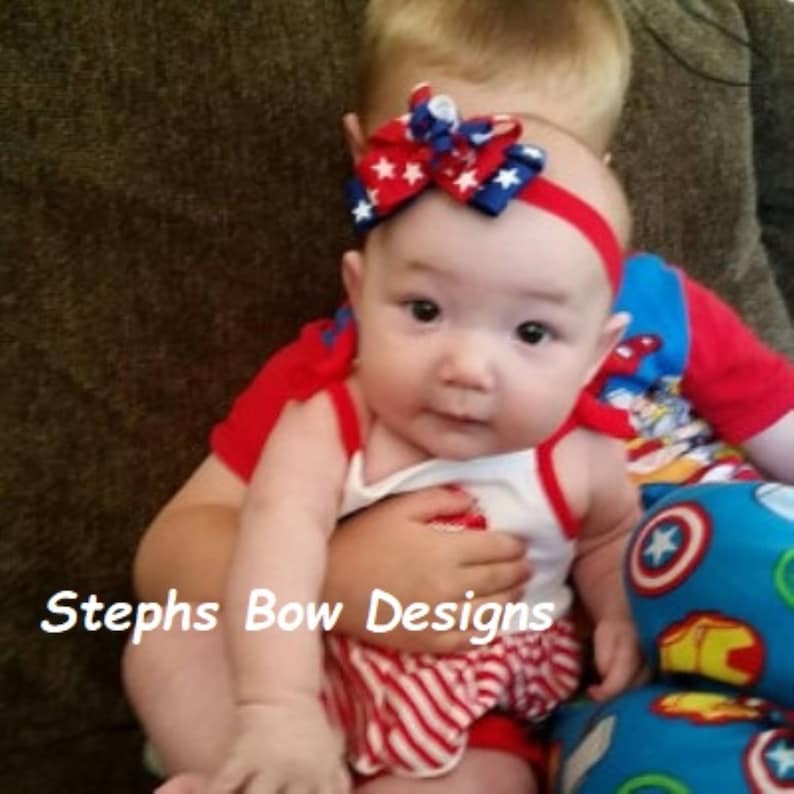 Red White /& Blue Stars July 4th Dainty Layered Korker Curlies Hair Bow Headband Patriotic Baby Hairbow ReBorn Doll So Cute for 4th of July