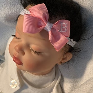 Pink & White Monogrammed Personalized Letter Dainty Hair Bow Pink Lace Headband Newborn Preemie Toddler Infant Monogram So Adorable ON L@@K