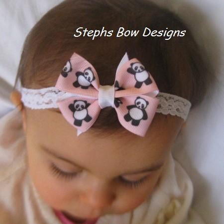 Adorable Soft Pink Panda Dainty Hair Bow White Lace Headband Newborn Preemie Toddler Baby Hairbow Easter Spring ReBorn Doll Cute On