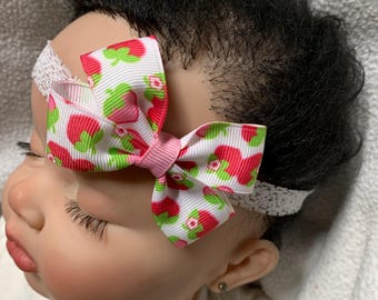 Hot Pink Rosy Pink Strawberry 2” Dainty  Hair Bow White Lace Headband, strawberries hairbow, strawberry hair bow,  strawberry infant hairbow