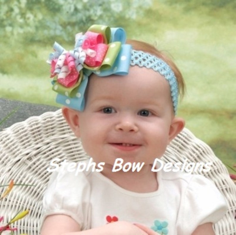 So Cute Apple Green /& Blue w White Polka Dots Layered Korker Hair Bow Headband Hot Pink