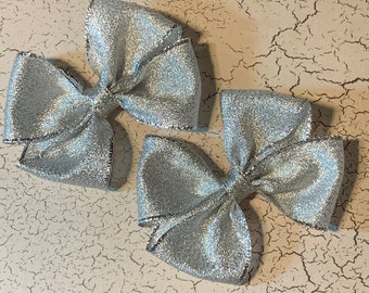 Silver Hair Bow, 3” Wide, Silver Glitter Pigtail Hair bow, Silver hair bow clips barrette Pony-O, Silver Bow, silver glitter hair bow