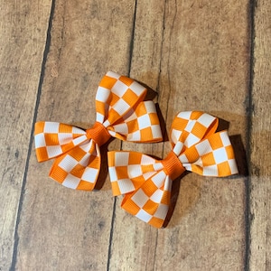 Orange & White Checkerboard Pigtail Hair Bow, Baby Toddler Hairbow, So Cute On, Checkered Flag NASCAR hair bow, Orange checker hair bow