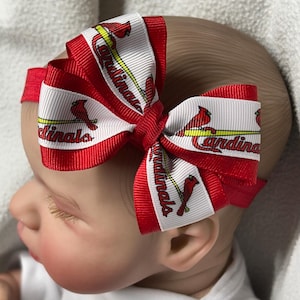 STL Saint Louis Cardinals BaseBall 3” Hair Bow Headband, Preemie to Toddler, St Louis Cardinals Baseball HairBow Headband Clip, MLB St Louis