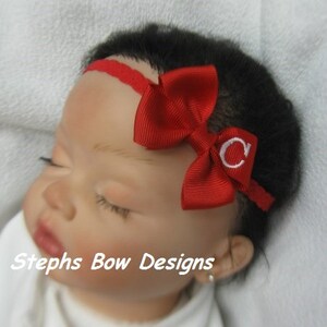 Red Monogrammed Personalized Letter Dainty Hair Bow Red Lace Headband Newborn Preemie Toddler Infant Monogram So Adorable ON L@@K