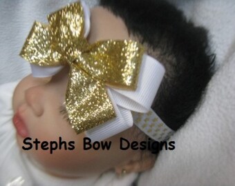Sparkly Gold and White w/ Gold Stars Layered Hair Bow Headband Hair bow FITS Infant, toddler, Newborn Cute On 4 Christmas Easter