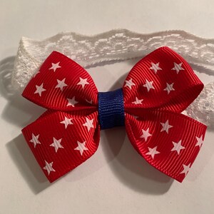 Red White & Blue Stars July 4th Patriotic Dainty Hair Bow Lace Headband Newborn Preemie Toddler Infant Baby Hairbow ReBorn Doll   So Cute On