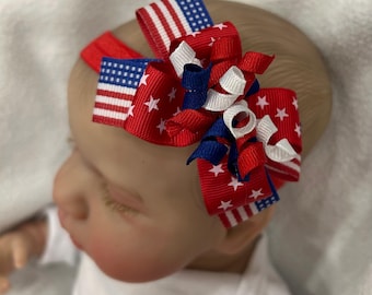 Red White & Blue Stars + Stripes American Flag July 4th Layered Korker Hair Bow Headband,  3” Patriotic hairbow headband