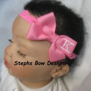 Hot Pink Monogrammed Personalized Letter Dainty Hair Bow Lace Headband Newborn Preemie Toddler Infant Monogram So Adorable ON L@@K