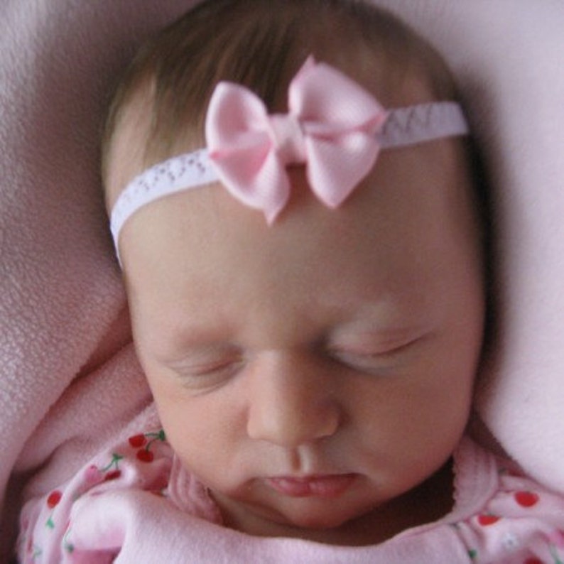Itty Bitty Tiny 1 Soft Pink Light Pink Dainty Hair Bow Lace Headband fits Newborn Preemie Infant