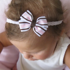 Brown, White & Soft Pink 2&quot; Dainty Hair Bow Headband, Pink, White and Brown hairbow headband, soft pink brown white hair bow headband/ clip