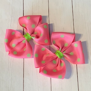 Hot Pink Bright Apple Dots Hair Bow, 3” wide, Pink Apple Pigtail HairBow, Pink Dots hair bow clips barrette Pony-O, Hair Bow, dots hair bow