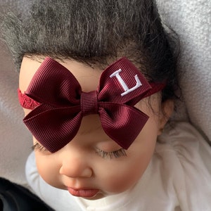 Burgundy Maroon & White Monogrammed Personalized Letter Dainty Hair Bow W/ Lace Headband Newborn Preemie Toddler Infant Monogram