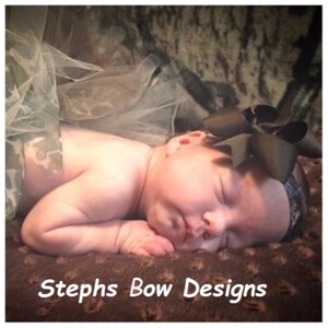 Brown 4" Boutique Hair Bow Woodland Camo Headband fits Newborn Toddler Baby Cute for Fall, Woodland Camouflage, Brown hairbow camo headband