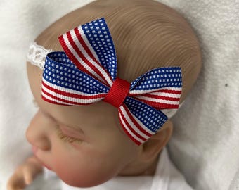Lazo para el cabello delicado de 2 pulgadas con bandera estadounidense del 4 de julio, diadema con lazo para el cabello rojo, blanco y azul, lazo para el cabello con bandera estadounidense para bebés prematuros de 2 a 12 años