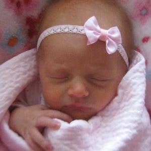 Soft Pink 1&quot; Tiny Hair Bow Headband, fits Preemie to Toddlers, Light Pink Dainty Hairbow headband, Soft Pink hair bow headband, Itty Bitty