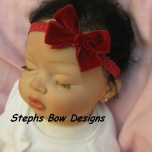 Deep Red Velvet Hair Bow, Lace Headband, Red Velvet hairbow, Christmas, Wedding, Dressy, New Baby, Newborn, Infant, Preemie Special Occasion