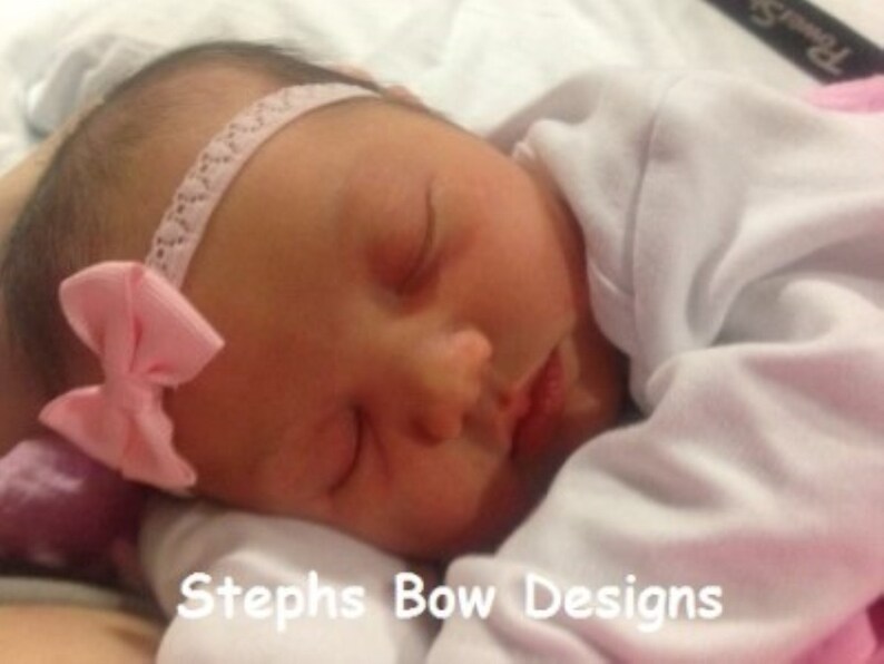 Itty Bitty Tiny 1 Soft Pink Light Pink Dainty Hair Bow Lace Headband fits Newborn Preemie Infant