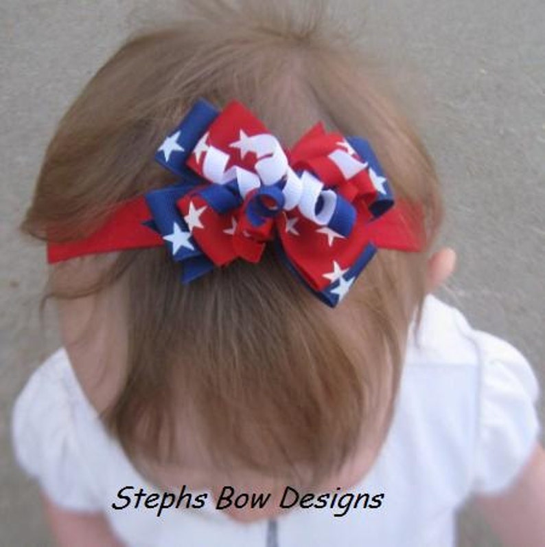 Red White /& Blue Stars July 4th Dainty Layered Korker Curlies Hair Bow Headband Patriotic Baby Hairbow ReBorn Doll So Cute for 4th of July