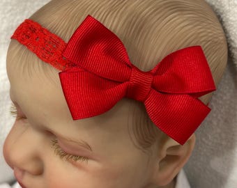 Fiocco per capelli rosso da 2 pollici, cerchietto in pizzo rosso, Natale, 4 luglio, San Valentino, da neonato prematuro a bambino piccolo, cerchietto con fiocco rosso tinta unita che si abbina a molti, fiocco rosso