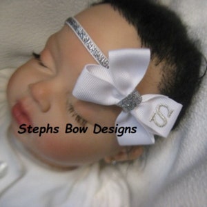 White and Silver Monogrammed Personalized Letter Dainty Hair Bow Headband Newborn Preemie Toddler Infant Monogram So Adorable ON L@@K