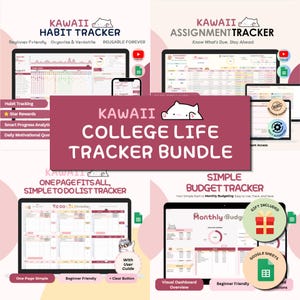 May include: A digital college life tracker bundle featuring a Kawaii Habit Tracker, Assignment Tracker, To Do List Tracker, and Simple Budget Tracker. The interface displays various charts, tables, and progress bars in a soft pink and white color scheme.