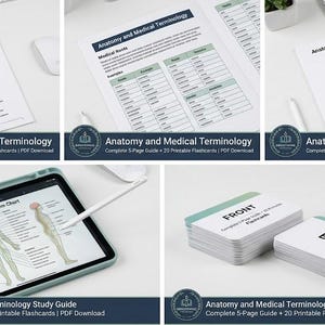 May include: Anatomy and Medical Terminology study guide set featuring printed pages with a human skeleton and heart diagram, a tablet displaying a nervous system chart, and stacks of flashcards labeled front and back for educational use.