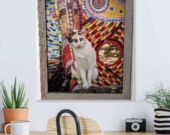 Gato Mosaico by Marni Hills Mosaic Cat Photo Art Wall Decor Grey Frame