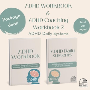 Op de afbeelding: Twee witte werkboeken getiteld "ADHD Workbook" en "ADHD Daily Systems" met tekst en afbeeldingen. Het eerste boek heeft de tekst "A compact Guide to Understanding, Managing, and Thriving with ADHD". Het tweede boek heeft de tekst "Build Routines That Actually Work for Your Brain".