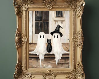 Cute Ghost Print PRINTABLE Vintage Halloween Oil Painting Wall Art 2 Ghosts with Black Cat Trendy Halloween Decor Spooky Witch Hat