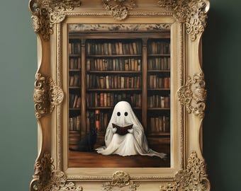 May include: A framed artwork depicts a ghost reading a book in a library, with a black cat nearby. The ornate gold frame surrounds the image. The background features a wall of bookshelves filled with books.