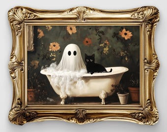 Ghost & Black Cat in Bath Print PRINTABLE Vintage Halloween Oil Painting Cute Ghost Bathroom Wall Art Gothic Decor Bathtub Humor Poster