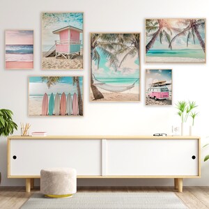 Ocean Wall Art PRINTABLES, Pink Surf Print Set, Pink Coastal Decor, Ocean Beach Art Print Bundle, Palm Tree Wall Art, Beach Photo Set Art