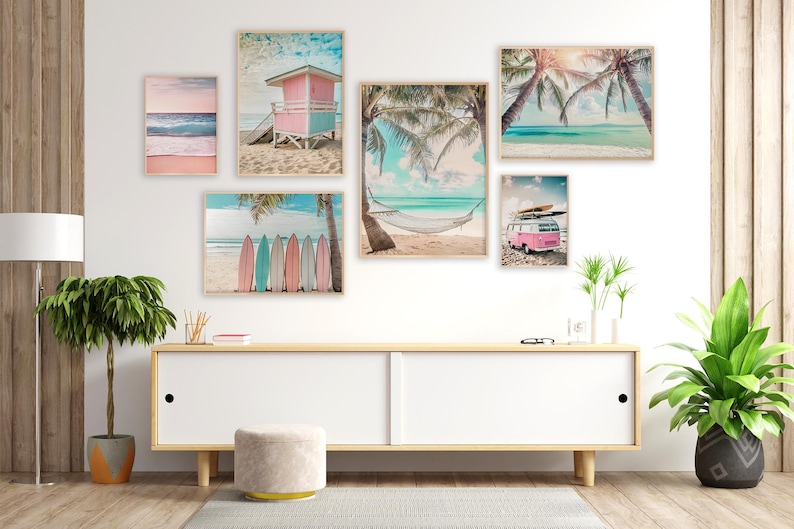 Ocean Wall Art PRINTABLES, Pink Surf Print Set, Pink Coastal Decor, Ocean Beach Art Print Bundle, Palm Tree Wall Art, Beach Photo Set Art