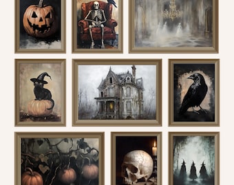 May include: A collection of framed Halloween-themed art prints. The prints feature a carved pumpkin, a skeleton in a chair, a haunted house, a black cat on a pumpkin, a raven, a skull, and witches in a forest. The art has a vintage, spooky aesthetic.