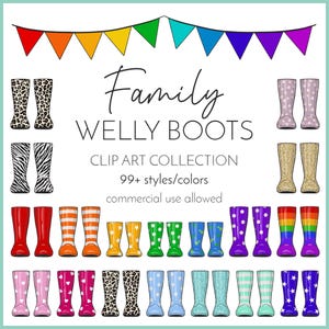 Familie Gummistiefel Clip Art Bundle, Regen Stiefel Clipart, personalisierte Gummistiefel, Gummistiefel, kommerzielle Nutzung erlaubt, mehr als 99 Farben / Designs