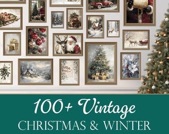May include: A collection of framed vintage Christmas and winter prints. The prints feature various holiday scenes, including Santa Claus, Christmas trees, snowy landscapes, and winter animals. The text "100+ Vintage CHRISTMAS & WINTER PRINT BUNDLE" is displayed at the bottom.