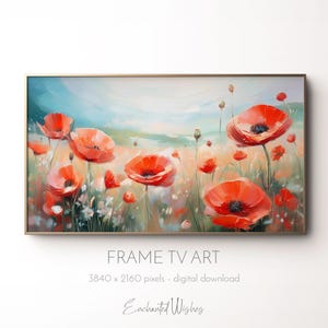 May include: A digital painting of a field of red poppies with a blue sky and green grass in the background. The painting is in a gold frame.