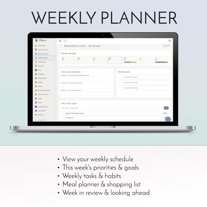 2027 digital planner app installed on iPhone home screen, offline life organizer with habit tracker budget planner and meal planner, no subscription no account no monthly fee productivity dashboard, daily weekly monthly planning for iPhone iPad Android Windows Mac, private on-device data storage, instant digital download from Luna Digital Studios