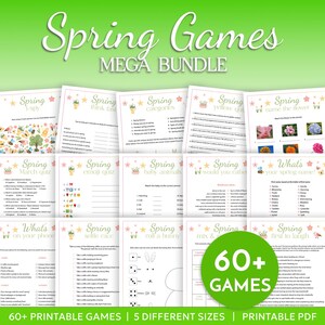May include: A printable PDF bundle of 60+ spring-themed games. The games include a variety of activities such as "Spring I Spy", "Spring Think Fast", "Spring Categories", "Spring Yellow Quiz", "Spring Name the Flower", "Spring March Quiz", "Spring Emoji Quiz", "Spring Baby Animals", "Spring Would You Rather", "What's Your Spring Name", "What's on Your Phone", "Spring Selfie Race", "Spring Roll a Bunny", "Spring Mix & Match", and "Spring First to Laugh".